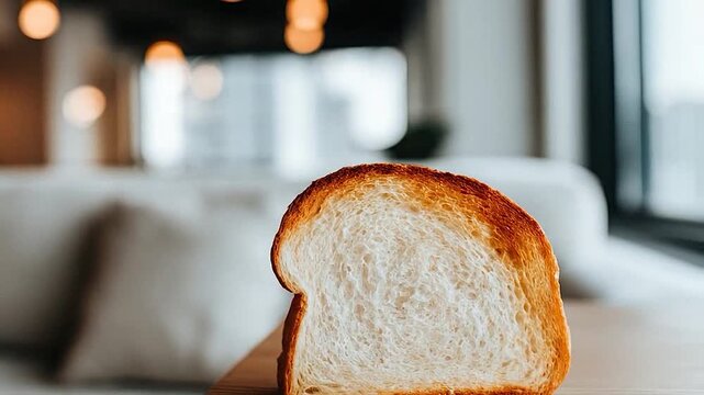 A golden brown slice of toasted bread stands upright on a wooden table.