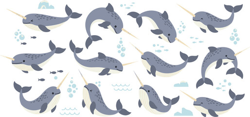 Narwhal Arctic Marine Illustration Set Featuring Swimming, Diving, and Turning Poses of Unicorn Whale with Long Tusk in Ocean Habitat.