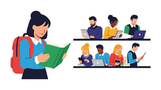 Reading and Technology: A young student immersed in a book, while other individuals engage with various technological devices.