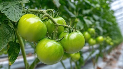 Fototapeta premium Maturation of tomatoes in the greenhouse.