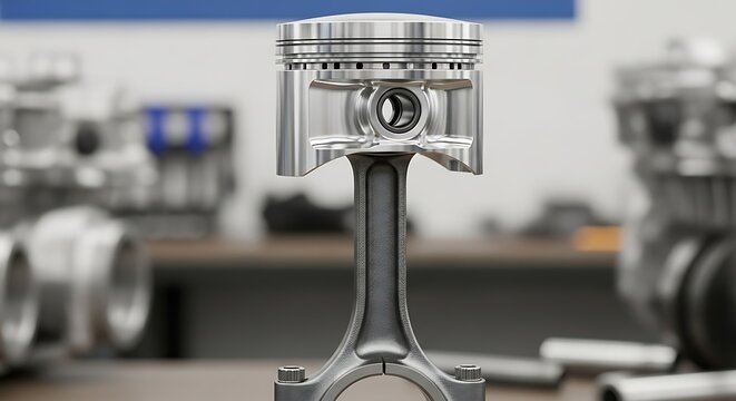 Metallic engine piston and connecting rod assembly displayed prominently in a workshop setting
