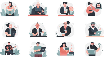 Fototapeta premium Diverse individuals engaged in various activities, from reading to playing music