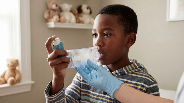 Black boy using inhaler with spacer under medical supervision for asthma management and respiratory therapy at home, specialist hand helping the boy hold the inhaler