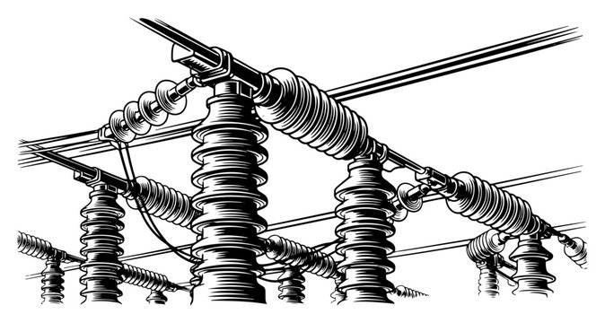 High voltage electrical substation insulators and power lines industrial machinery illustration