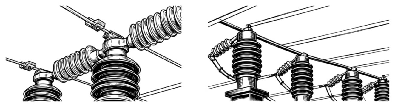 Two detailed panels of electrical power grid components and ceramic insulators in pen and ink style