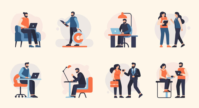 Diverse individuals engage in various work-related activities and office scenarios