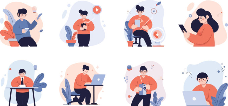 Diverse individuals engaged in modern digital activities, showcasing technology