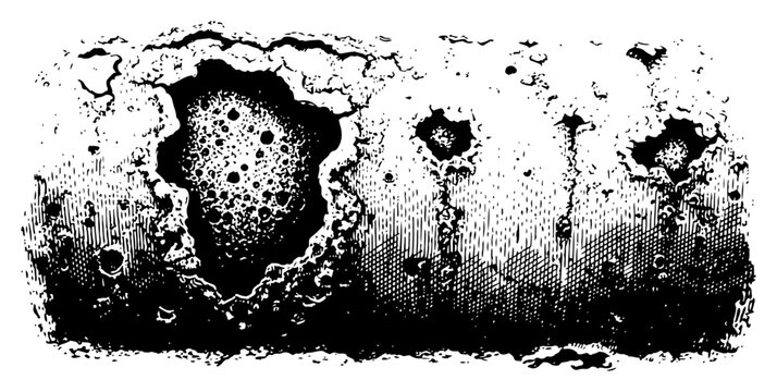 Detailed lunar surface texture with craters and pitted surface in monochrome ink illustration
