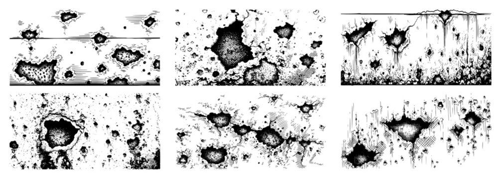 Collection of hand drawn engraving style textures featuring various surface holes and pits