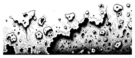 Detailed illustration of a rocky lunar surface with craters and pitted terrain in hand drawn ink style © Tomas