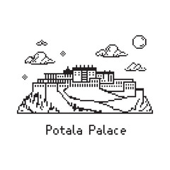 Line art illustration depicts the potala palace with clouds and sun