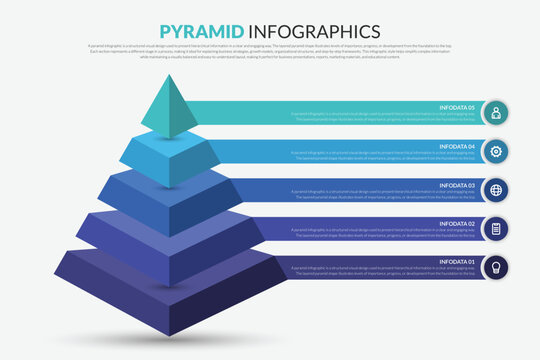 3D Pyramid Infographic Template with 5 Steps, Modern Business Hierarchy Diagram for Strategy, Growth Process, Marketing Funnel and Data Visualization