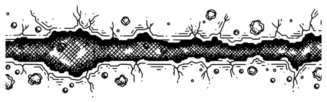 Long horizontal fissure with floating debris and rocks in a clean hand drawn comic style