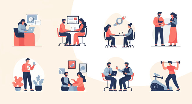 Diverse modern work, social, and fitness scenes in minimalist flat art