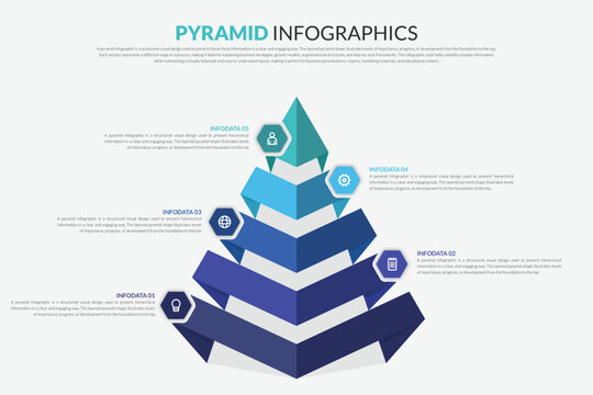 Modern 5 Step Pyramid Infographic Template, Business Hierarchy Triangle Diagram for Strategy, Growth Process, Marketing Funnel and Data Visualization