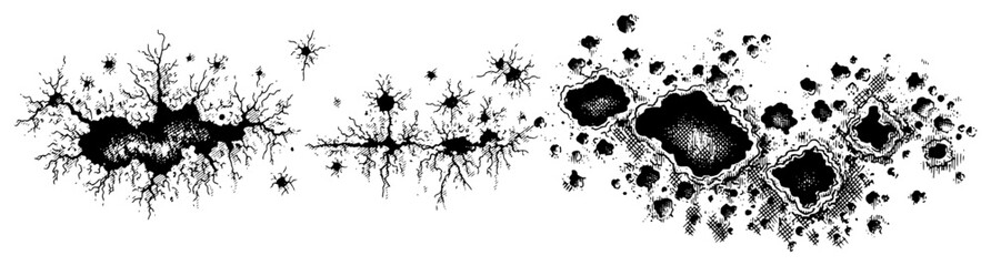 Set of hand drawn impact craters and surface cracks in detailed ink style © Tomas