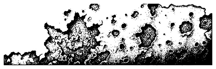 Close up of pitted rocky terrain and impact craters in detailed engraving style © Tomas