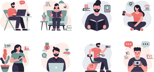Fototapeta premium Diverse people engaged in various modern activities like remote work, reading, and using devices