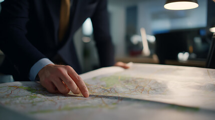 Obraz premium Professional points on detailed paper map under warm light, focus on planning, strategy, and exploration. Business, travel, and adventure themes