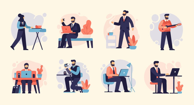 Diverse individuals engaged in various activities, from cooking to coding and playing guitar