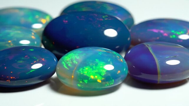 Collection of Opals With Vibrant Play of Color, Close-Up Macro Shot
