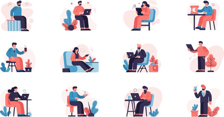 Fototapeta premium Diverse individuals engaged in various work and leisure activities on digital devices