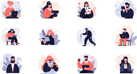 Fototapeta premium Diverse people engaged in modern activities, using technology, and handling documents