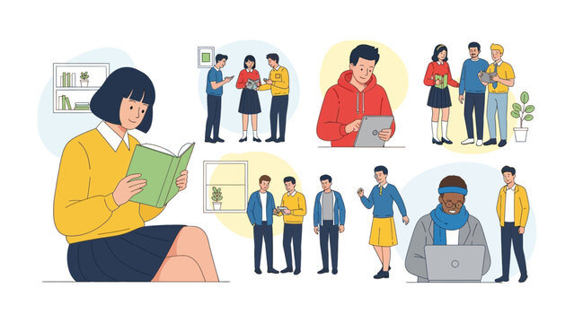 Diverse Moments in Daily Life: A collection of illustrations depicting various everyday activities, from reading and studying to collaborative work and casual conversations.
