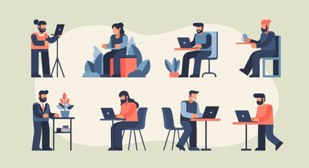 Diverse people engaging in various activities with laptops and technology