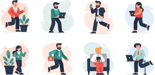 Fototapeta premium Diverse professionals engaged in modern work activities with digital devices and plants
