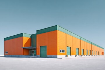 Obraz premium Modern warehouse facade on a sunny day, distribution center. Industrial Building of modern logistics hub. Loading dock. Large Business Entrance. Innovative logistic complex exterior. Cargo storage