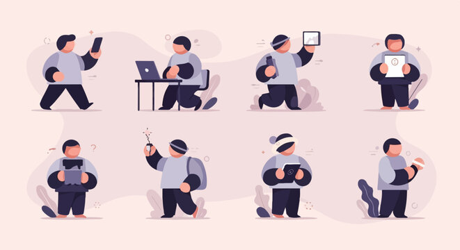 Stylized figures engaged in various daily activities with digital devices