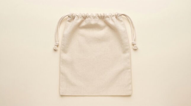 White Drawstring Pouch on Plain Background.