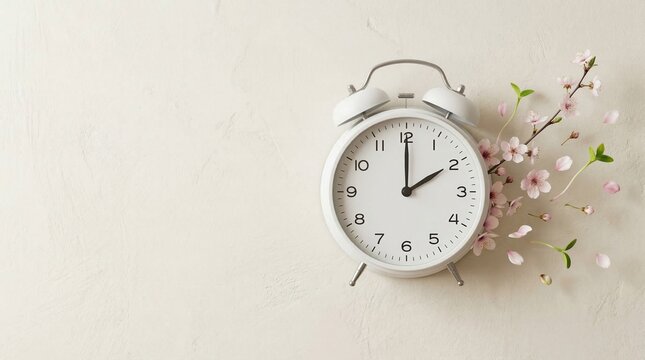 Minimalist Analog Alarm Clock with Cherry Blossom Petals and Sprout Spring Forward Concept.