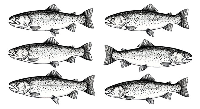 Six Hand-Drawn Trout Illustrations on White Background