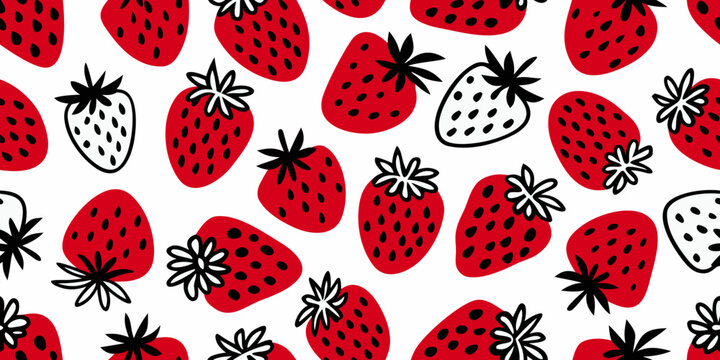 A playful pattern of vibrant red strawberries with black seeds and green leaves