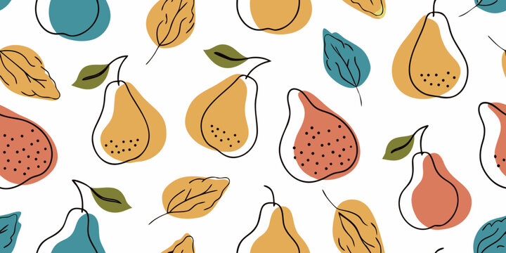 Stylized pears and leaves create a repeating pattern on white