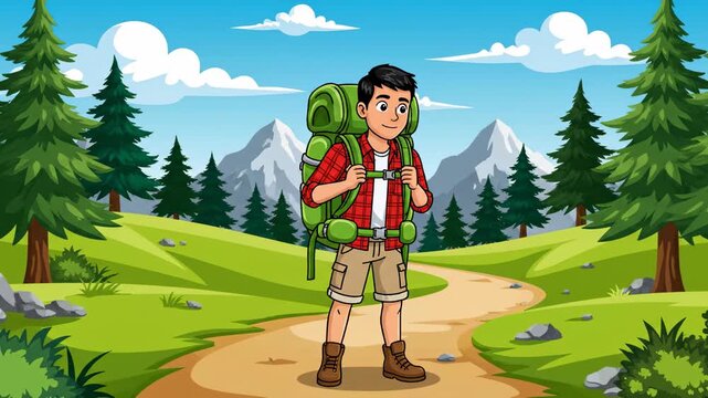 Animated hiker with backpack on scenic mountain trail cartoon style adventures and outdoor activities in nature background
