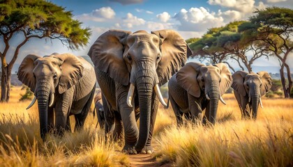 Fototapeta premium A stunning composition featuring a herd of majestic elephants walking towards the viewer in a sunlit savanna landscape