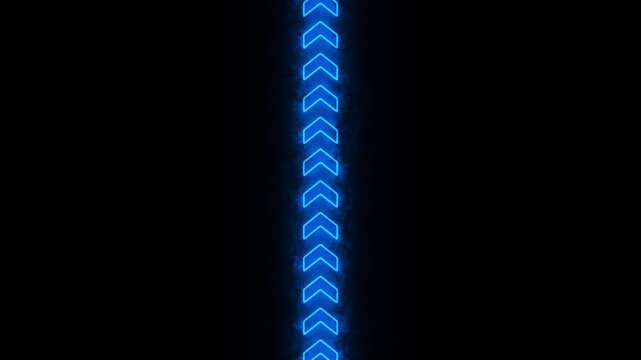Glowing blue arrows animation vertical line of light blue arrowheads moving upward on black background