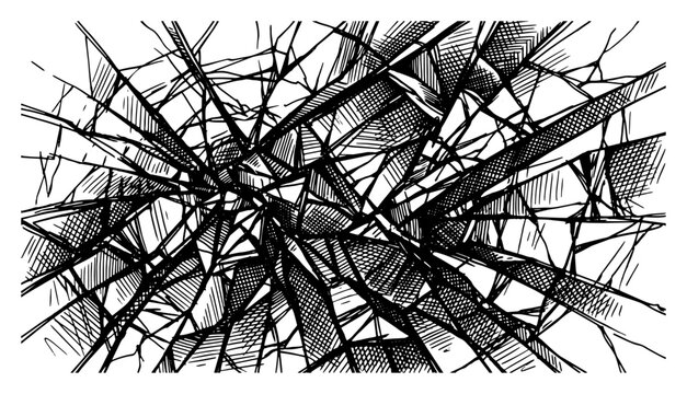 Abstract shattered glass explosion with sharp lines and hand drawn hatching texture