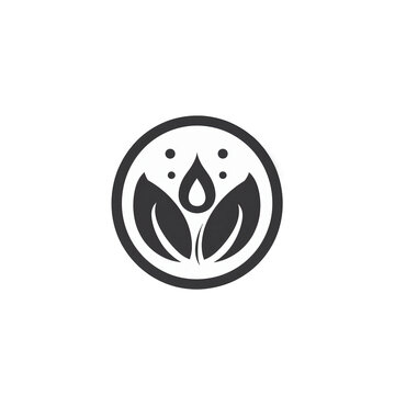 Minimalistyczny czarny logotyp przedstawiający dwa liście i kroplę wody w okręgu, symbolizujący naturalne kosmetyki, ekologię oraz zdrowy styl życia.
