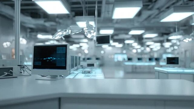 High-tech laboratory with multiple computer workstations displaying abstract