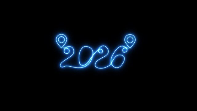 Glowing blue neon 2026 year number with map pin on black background for future planning and navigation concepts
