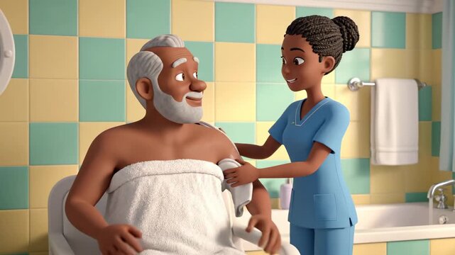 Animated home healthcare young caregiver assisting elderly man in bathroom cartoon style video
