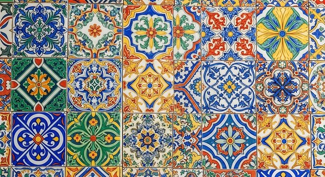 Close-up of vibrant, patterned ceramic tiles with various geometric and floral designs