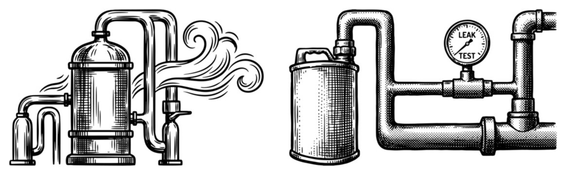 Industrial plumbing system with pipes boiler steam and pressure gauge for leak testing