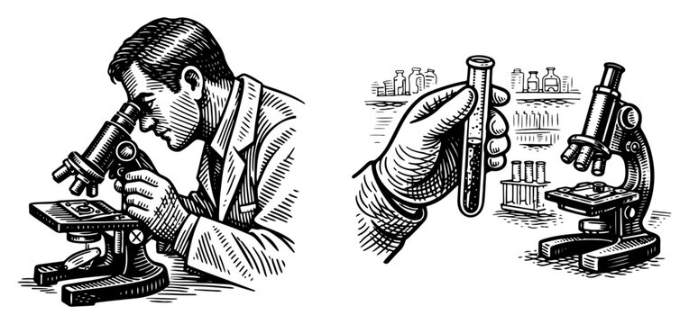 Set of hand drawn laboratory illustrations including a scientist looking through a microscope and hands holding test tubes