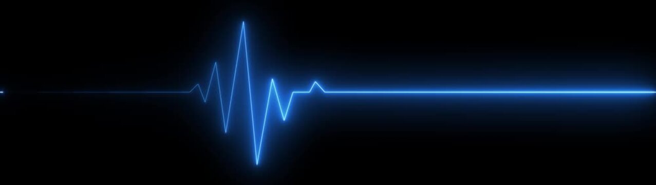 ECG heartbeat line glowing on a deep black background, with sharp pulse peaks and smooth flat segments, symbolizing heart activity, life monitoring, and medical diagnostics in a futuristic