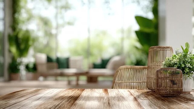 Empty wooden table with decorative items and blurred green garden background.